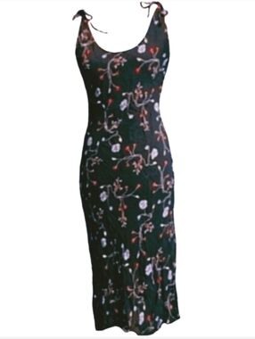 Vintage Y2K Bias Cut Floral Shoulder Ties 90s Dress Dark Navy Blue Red Flowers 6